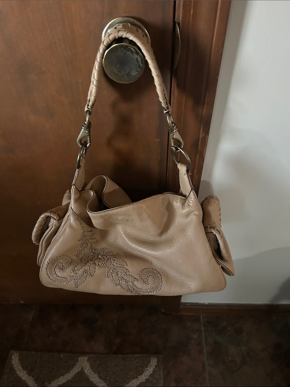 Cole Haan Beige Embroidered Leather Shoulder Bag